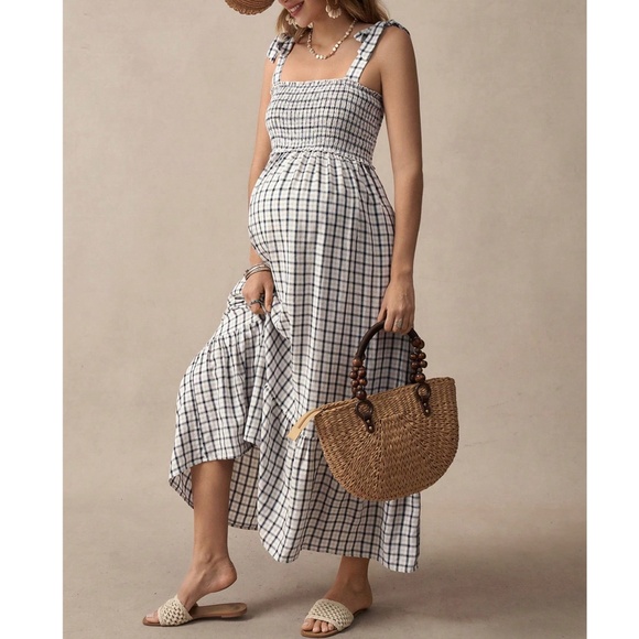 Dresses & Skirts - Maternity Plaid Print Shoulder tie Smocked Maxi Dress